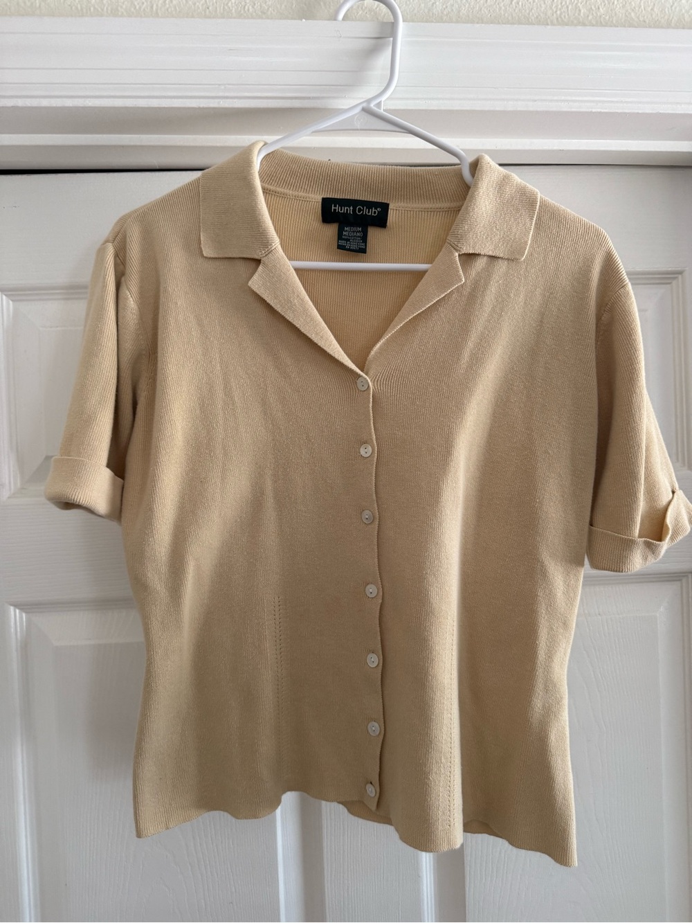Hunt Club Beige Short Sleeve Button-Up Knit Top